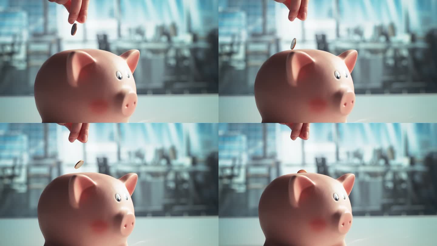 一个人把一枚硬币扔进粉色陶瓷储蓄罐的超慢动作特写镜头。商业、金融、银行、经济和储蓄的概念