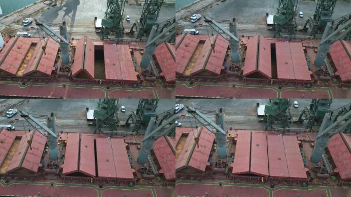 散货船货船在装船前关闭装满谷物的货舱，鸟瞰图
