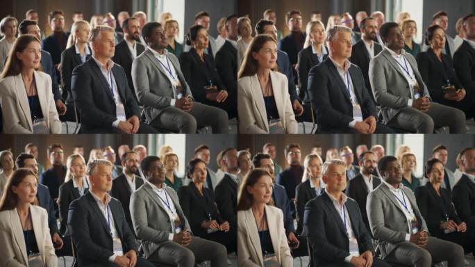 在国际技术会议上，不同的商务人士坐在观众席上。男女企业家聆听创新产品、服务的创业公司的主题演讲。