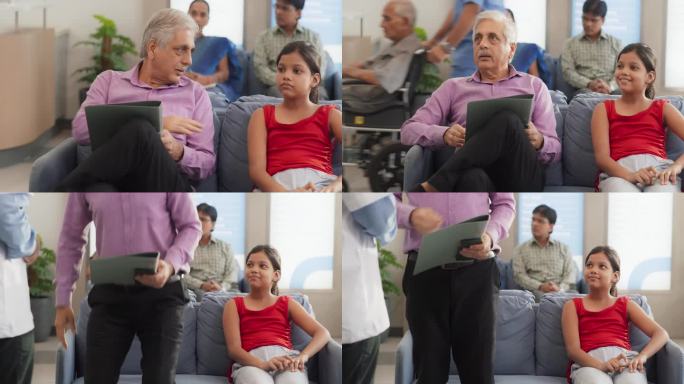 印度小女孩随父亲去医院体检的照片:在诊所听到家庭医生的好消息后，焦虑的小女孩如释重负
