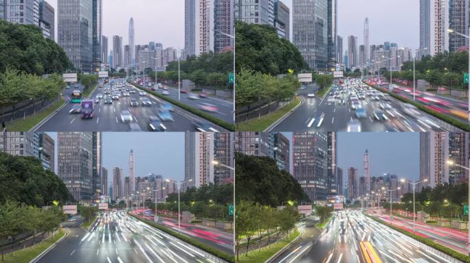 T/L MS从黄昏到夜晚，中国深圳福田区CBD主干道的交通流量和城市风景