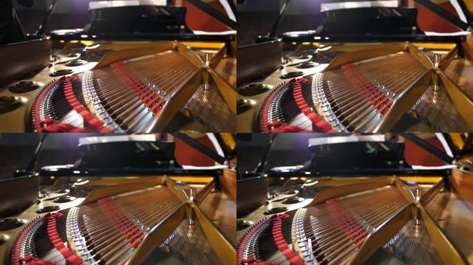 古典音乐会上钢琴琴弦的特写镜头