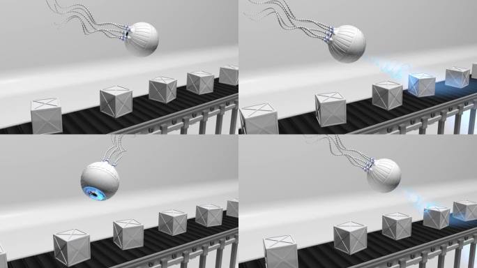 有视神经和蓝色虹膜的白色机器人眼睛漂浮在装配线上，正在分析传递的盒子。三维动画