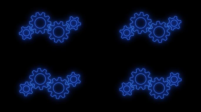 黑色背景上的四档机构霓虹动画。齿轮转动，机构带霓虹灯，离合器机械，设置动画概念。动感齿轮动画循环