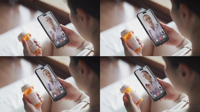 生病的女人用智能手机和她的医生视频通话
