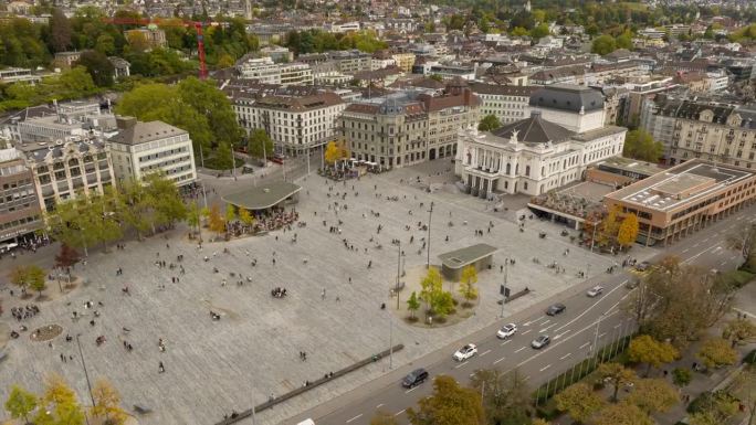 白天苏黎世市中心著名的歌剧院广场交通湖滨湾航拍全景延时4k瑞士