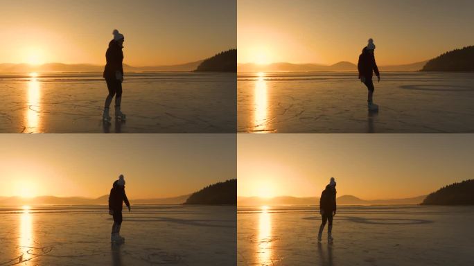 镜头光晕，剪影:一个寒冷的冬日，一个女人在金色的阳光下滑冰