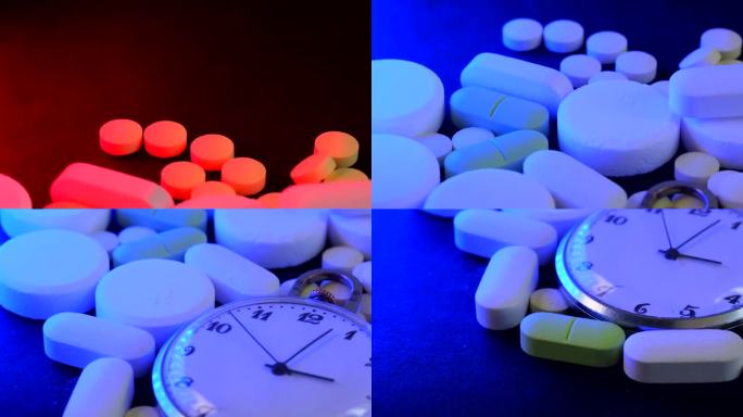 药品和黑色桌子上闪烁的闹钟跟踪镜头近距离拍摄。医学背景。