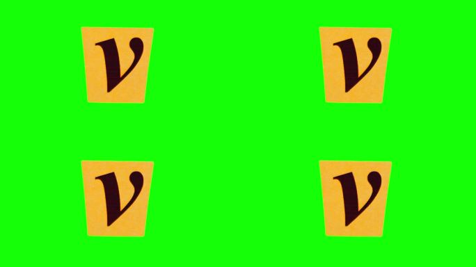 黄色矩形上的小写字母v在绿色屏幕上的纸张皱褶循环定格动画