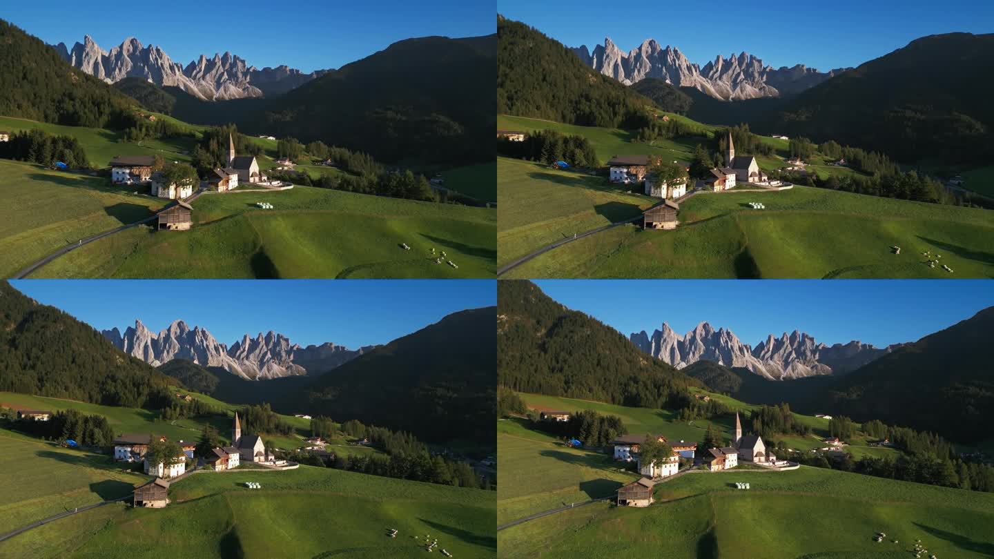 鸟瞰图圣马格达莱纳或圣马格达莱纳村的实时镜头，这是意大利雄伟的格鲁波德尔奥德尔山脉上最受欢迎的多洛米