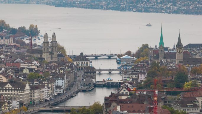 多云的日子苏黎世市中心河湖航拍全景延时4k瑞士