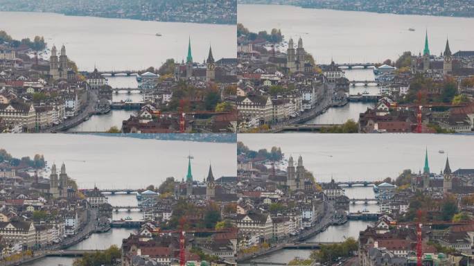 多云的日子苏黎世市中心河湖航拍全景延时4k瑞士