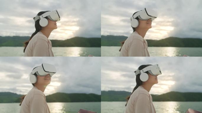 女子在旅行中使用虚拟现实耳机