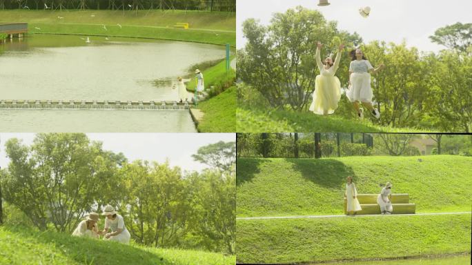 两个女孩携手过河和在草地上愉快地玩耍
