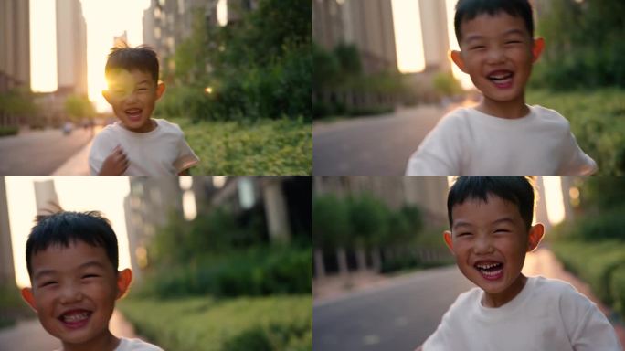 快乐的男孩在城市人行道上奔向阳光