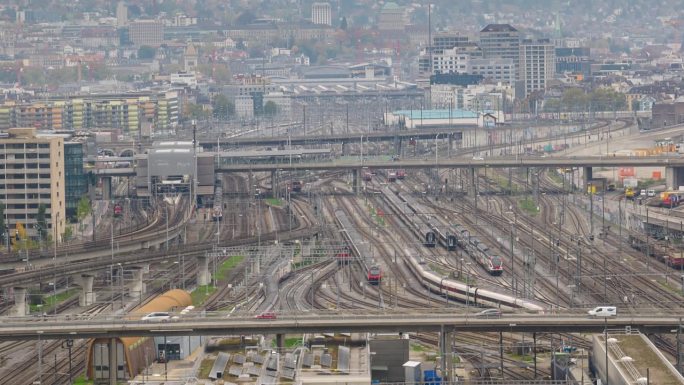 阴天苏黎世市工业区火车站铁路交通航拍全景延时4k瑞士
