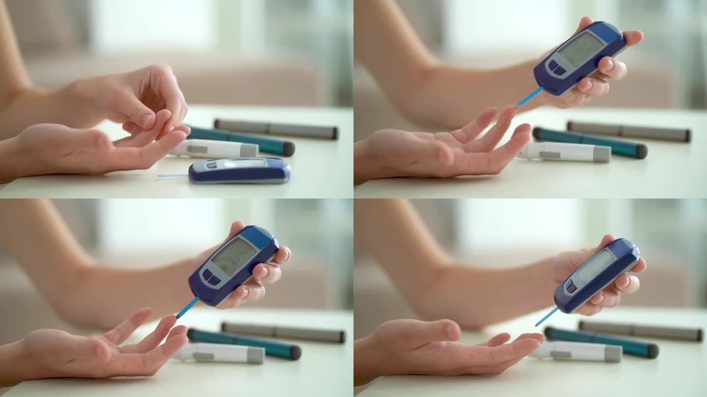 糖尿病人在家里用血糖仪近距离测量血糖水平。卫生保健