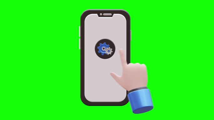 手点击设置按钮3D动画与绿色屏幕背景的智能手机