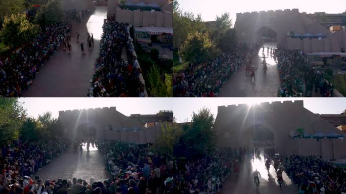 航拍新疆喀什古城开城仪式4K特色舞蹈活动
