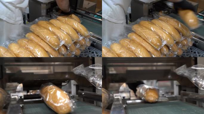面包工厂的工人在包装线上工作，新鲜的面包包裹在透明的包装薄膜中——两个视频剪辑的蒙太奇