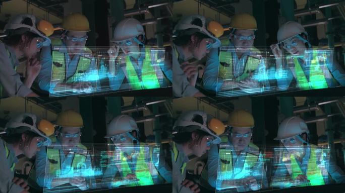 未来概念:工程师们围着发光的桌子工作，用透明的全息显示器显示工厂里的概念全息工业Hud显示数据