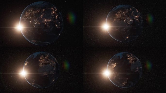 行星地球在太空旋转-缩小-太阳，大陆，云