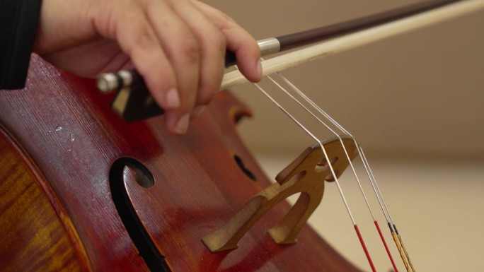 特写镜头展示了一个棕色大提琴的艺术设计，搭配一个法国弓在休息。