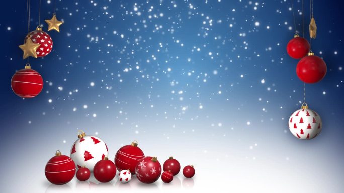 圣诞蓝色背景与飘落的雪和红色球串。副本的空间。节日新年循环动画。