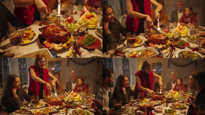 节日感恩节晚餐或圣诞庆祝家庭餐。人们坐在餐桌后面，而一位年轻的女性正在用烤土豆雕刻火鸡大餐。近距离放