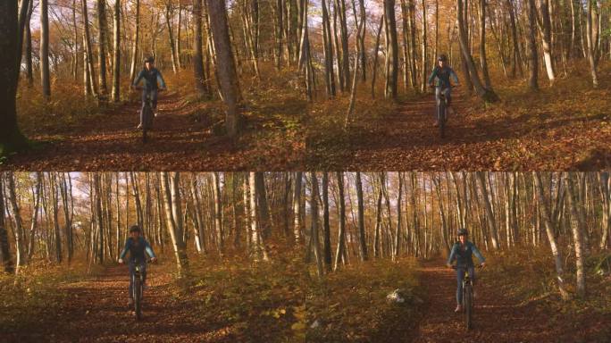 肖像:秋天，微笑的女子骑着电动自行车穿过色彩斑斓的森林
