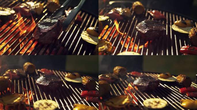 一块美味的肉被放在燃烧的热烧烤架上的特写。用炭火正确烹调牛排和蔬菜。美学超级慢动作镜头