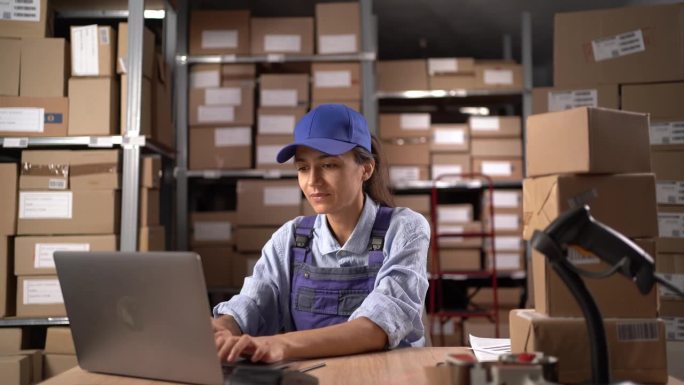 开心的仓库女工拿着笔记本电脑在仓库里，举起双臂欢呼。她因为有价值和工作效率而得到了加薪。