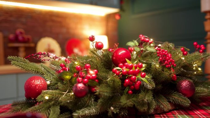 圣诞节的红色装饰，在一个时尚的现代和舒适的厨房在家里。圣诞节，在家里度过美妙的夜晚。圣诞快乐，新年快