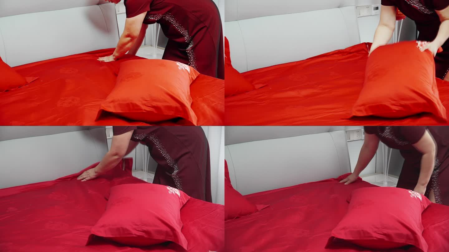 铺红色床单的人