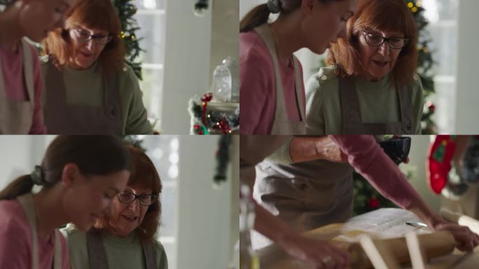 一位年轻女子为圣诞节准备姜饼，而她的年长母亲正在帮忙。老妇人和她的女儿为家人和朋友做糕点。手持镜头