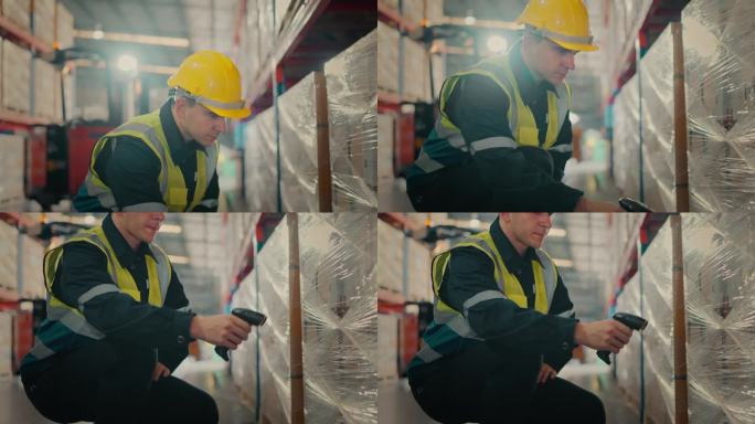 工人使用数字扫描检查扫描检查产品库存库存在零售仓库满货架，工人员工戴着安全帽在仓库做工作。