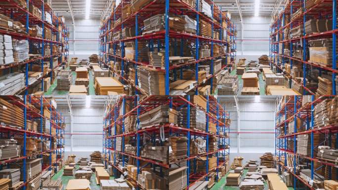 工厂仓库货架上的商品包装纸箱。无人机航拍角度，飞行角度高。物流行业业务，工业工作生涯，工厂工作环境概