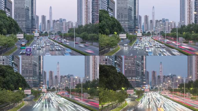 T/L MS PAN从黄昏到夜晚，中国深圳福田区CBD主干道的交通流量和城市景观