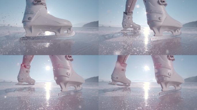 镜头光晕，超级慢动作，特写:当她停在冰鞋上时，冰块飞了起来