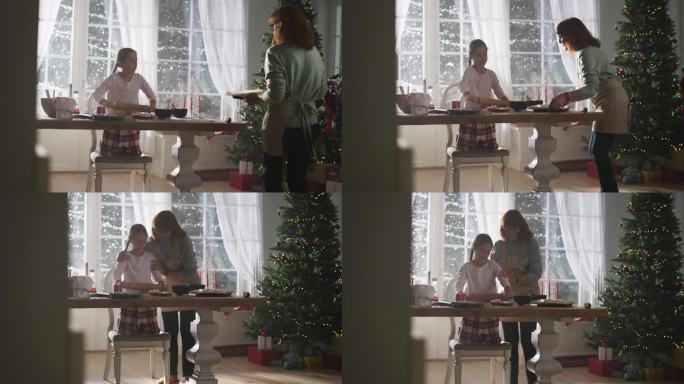 一位老妇人和她的孙女在圣诞节期间一起烘焙的慢动作肖像。奶奶教小女孩如何做姜饼饼干。孩子在假期帮忙做饭