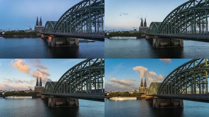 德国科隆，莱茵河上的科隆大教堂与霍亨索伦桥的日夜延时