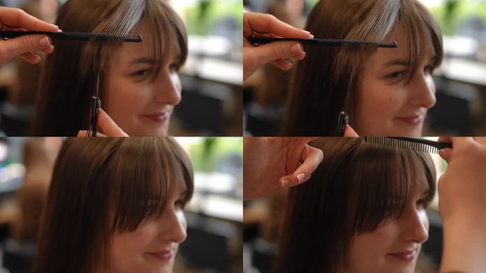 机架焦点从用剪刀和梳子慢动作剪头发的手到客户的笑脸。满意的白人年轻女子在美容院享受发型的特写肖像。