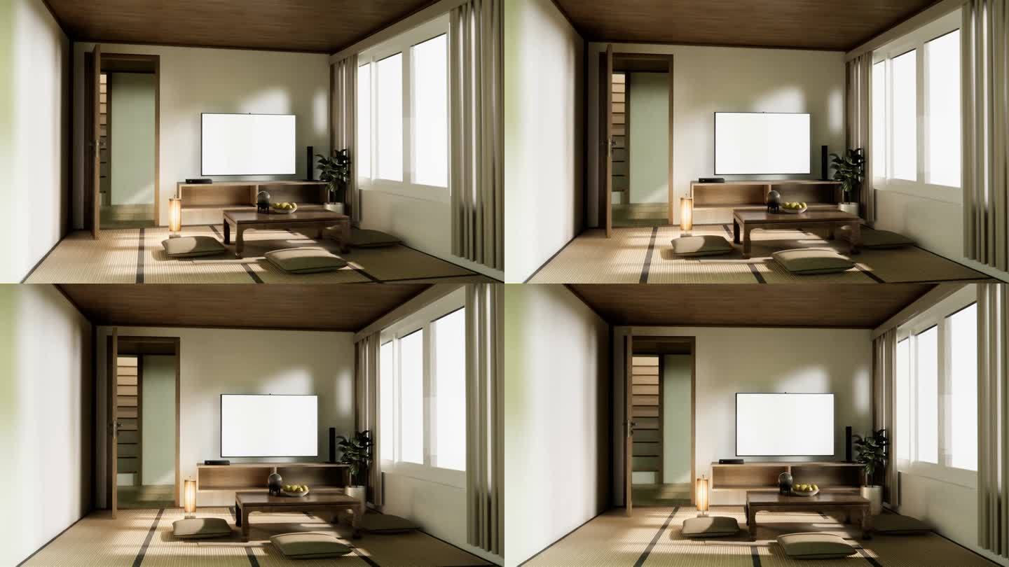 日本风格的木制房间榻榻米上的矮桌和枕头。三维渲染