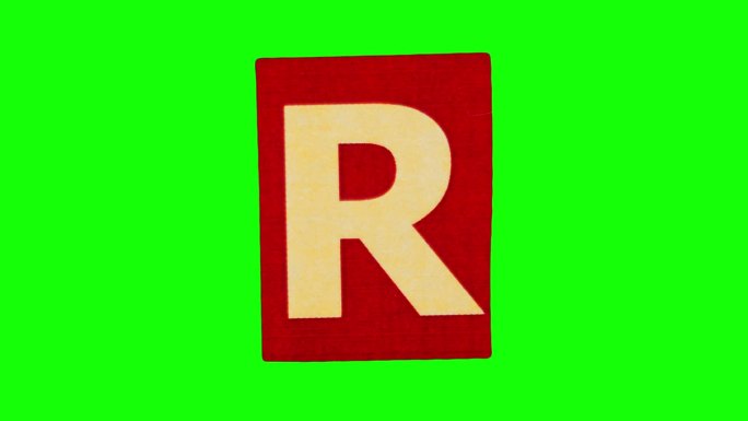 红色矩形上的大字母R定格动画，纸张在绿色屏幕上循环