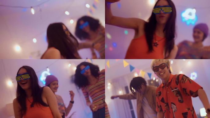 一群亚洲朋友戴着未来主义的霓虹灯发光的眼镜跳舞，喝酒，啤酒，在客厅的夜晚，在室内的家里聚会。