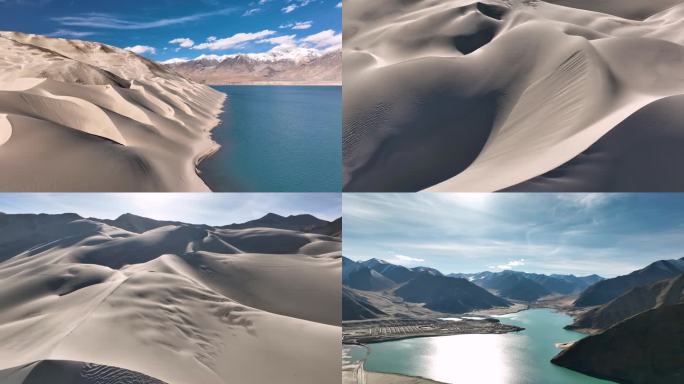 白沙湖新疆航拍壮观雪山冰川沙漠湖泊4K