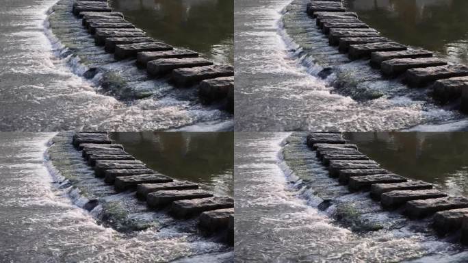 河上的石砌桥碇步石阶水流