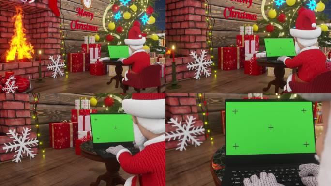 圣诞老人在一棵五颜六色的圣诞树下，正在用绿色屏幕的笔记本电脑打字。圣诞快乐，新年快乐动画。