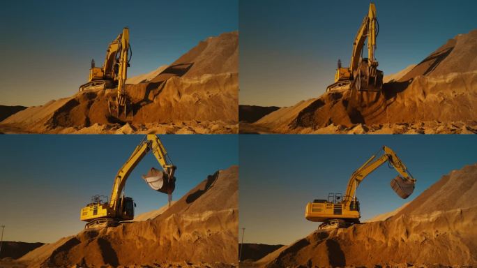 在一个炎热的阳光明媚的日子里，建筑工地:工业挖掘机挖掘沙子为新公寓楼奠定基础。工人们操作重型机械来完