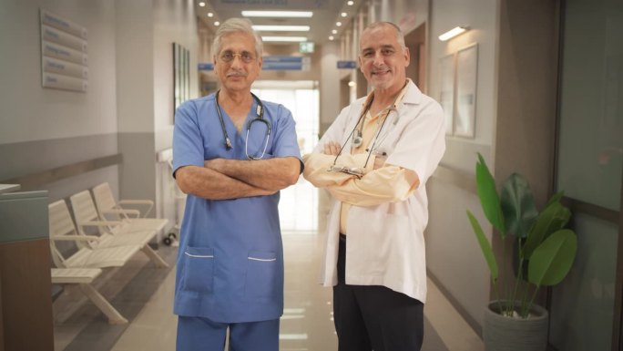 医院中等肖像:两个友好的印度男医生交叉双手，看着镜头微笑。在职成功的中年保健医生